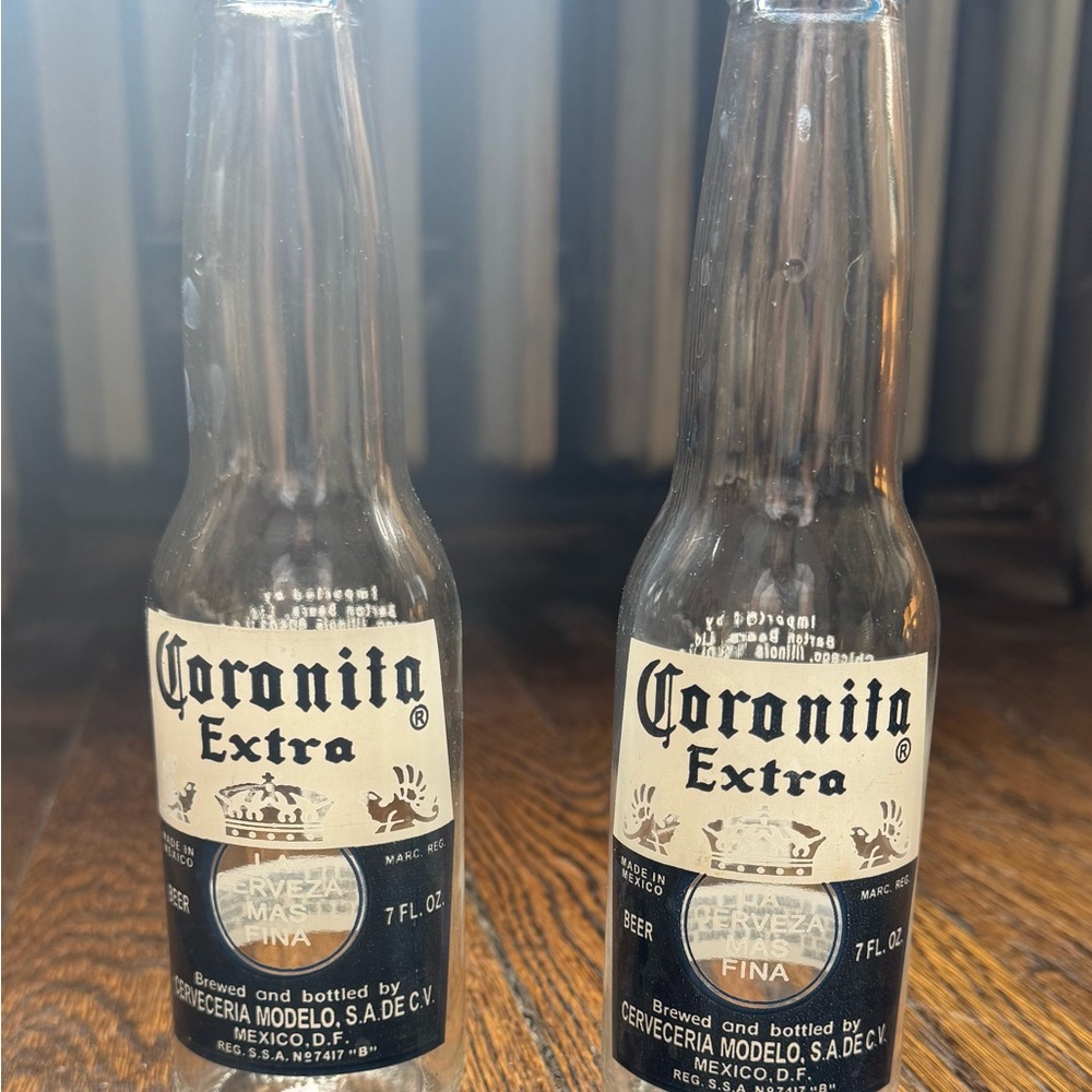 VINTAGE Corona Extra Coronita 7oz Glass Salt and Pepper Shakers with Blue Lids